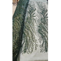 Tule Bordado com Pedrarias Premium Verde Floresta HT98091